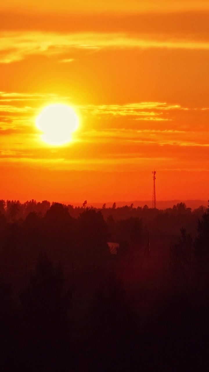 Orange Silhouetted Countryside, Evening Warm Light, Idyllic Golden Scenery, Cinematic Sunset, Vertical Aerial View