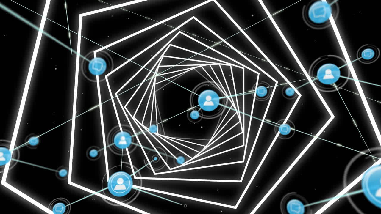 Digital animation of network of digital icons against glowing hexagonal tunnel on black background