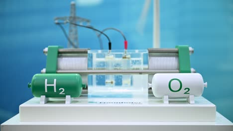 Demonstrator-Für-Die-Speicherung-Erneuerbarer-Energien,-Brennstoffzelle,-Wasserstofftank,-Sauerstofftank,-Windkraftanlage,-Stromleitung,-Messe