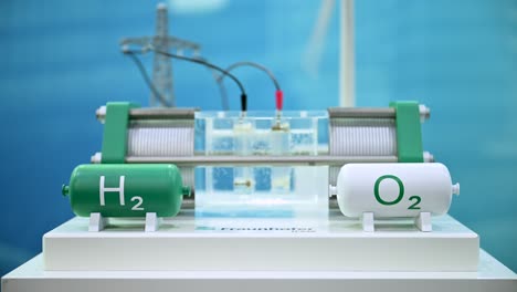 demostrador de almacenamiento de energía renovable, celda de combustible, tanque de hidrógeno, tanque de oxígeno, turbina eólica, línea eléctrica, feria comercial