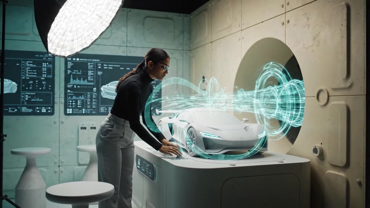 Concetto di Design Innovativo: Una Designer Interagisce con un Modello di Auto Futuristico in uno Studio High-Tech, Fondendo Arte e Tecnologia in Modo Fluido per la Mobilità di Domani