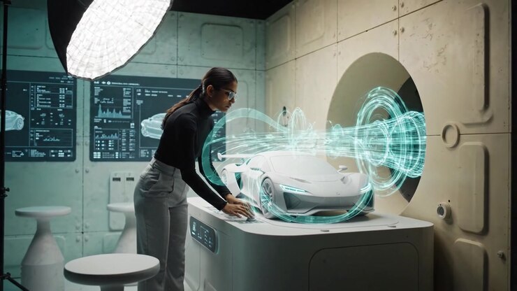 Concetto di Design Innovativo: Una Designer Interagisce con un Modello di Auto Futuristico in uno Studio High-Tech, Fondendo Arte e Tecnologia in Modo Fluido per la Mobilità di Domani
