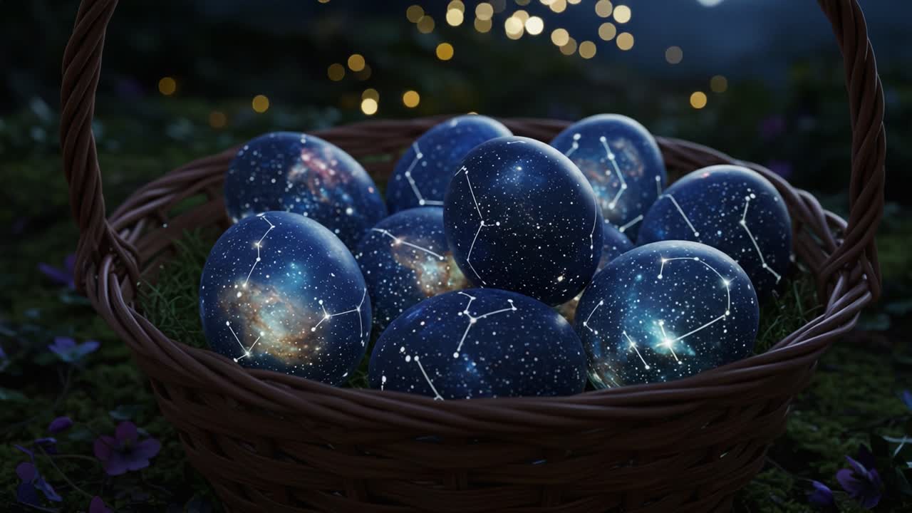 A Magical Basket of Celestial Eggs: A Beautiful Display of Cosmic Patterns and Colorful Stars Surrounded by Nature's Glow in a Serene Evening Setting