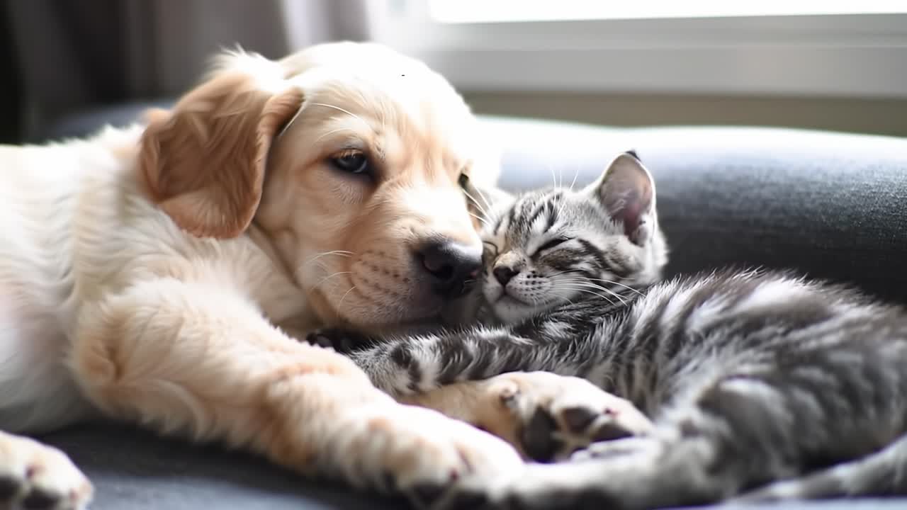 An Adorable Puppy and Kitten Snuggling Together on a Cozy Sofa, Capturing the Essence of Friendship and Companionship Between Two Beloved Pets