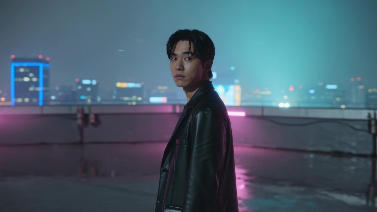 穿着黑色皮衣的男子转身面向镜头，在霓虹灯闪烁的屋顶上与逐渐靠近的镜头对视。