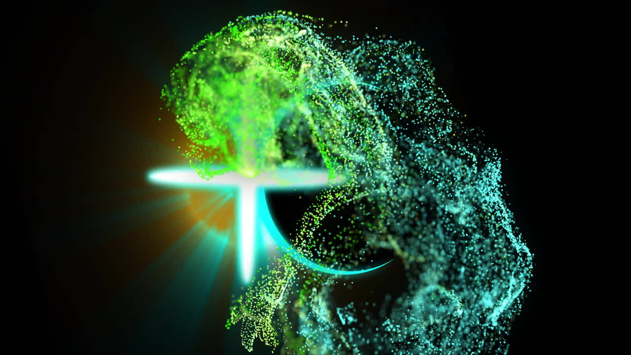 Digital animation with dynamic green and blue shapes on black background