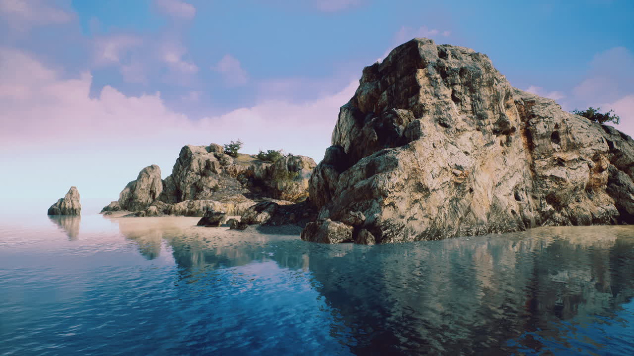 Serene coastal landscape with rocky formations under a bright sky