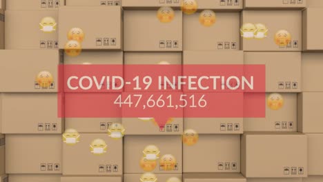 Animation-of-covid-infection-counter-and-sick-emojis-over-packages-in-warehouse