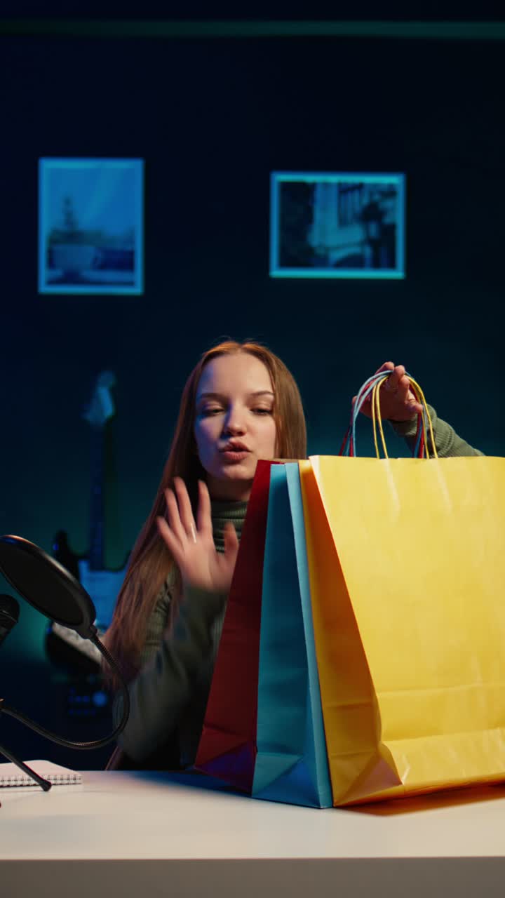 Joven vloguera mostrando bolsas de compra coloridas
