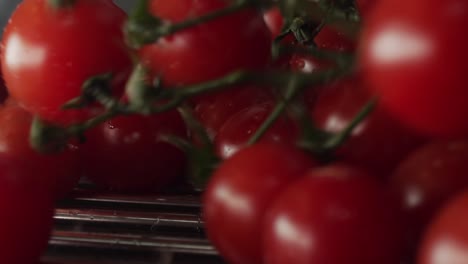 tomates rojos lavados frescos orgánicos que caen en la secadora en primer plano