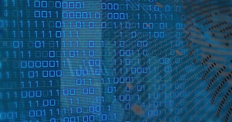 Animation of financial data and globe over binary code on blue background