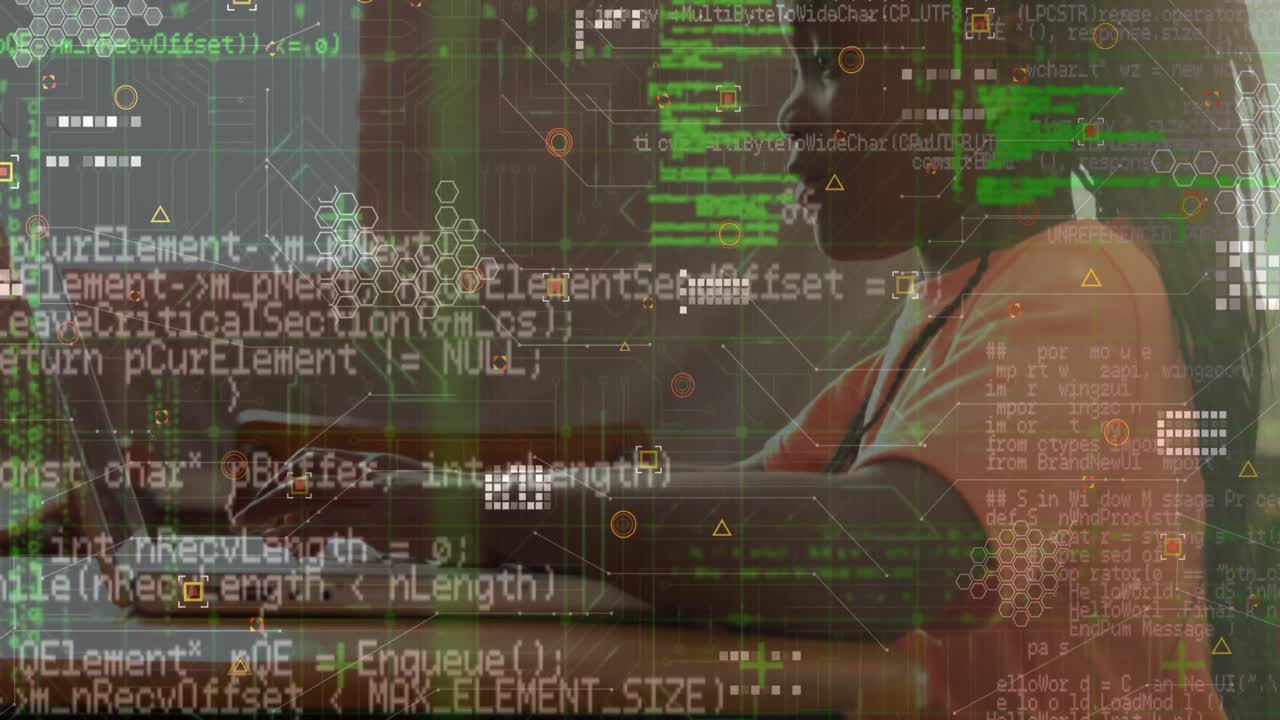 Animation of data processing over grid against african american boy using laptop at school