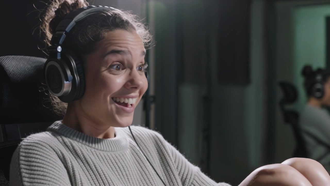 En lyttende programleder i grå genser med hodesett reagerer og ler til en overraskende lydcue i studio.