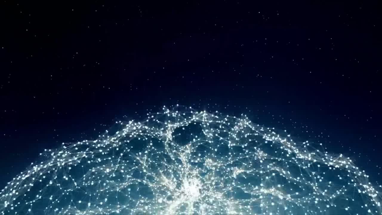 Rete digitale astratta che si connette e brilla contro un cielo stellato.