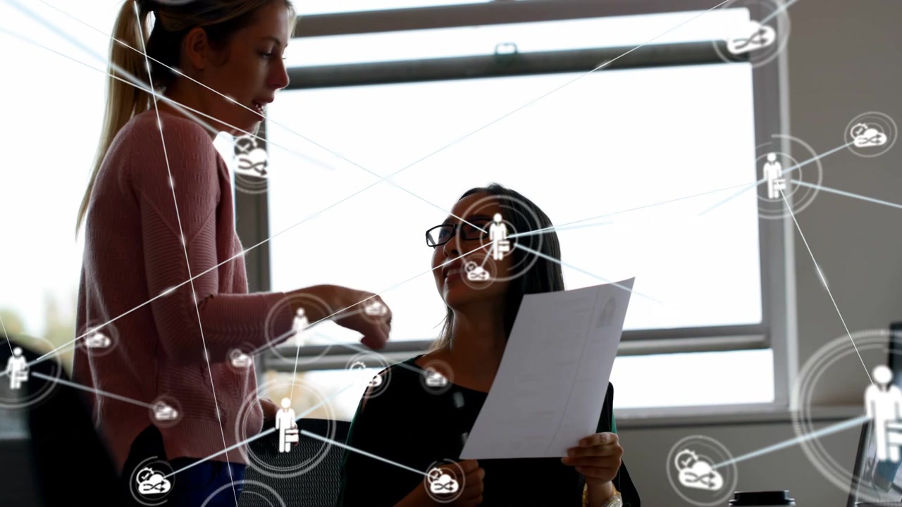 Standing woman pointing paper seated woman following pen animated network expanding for business