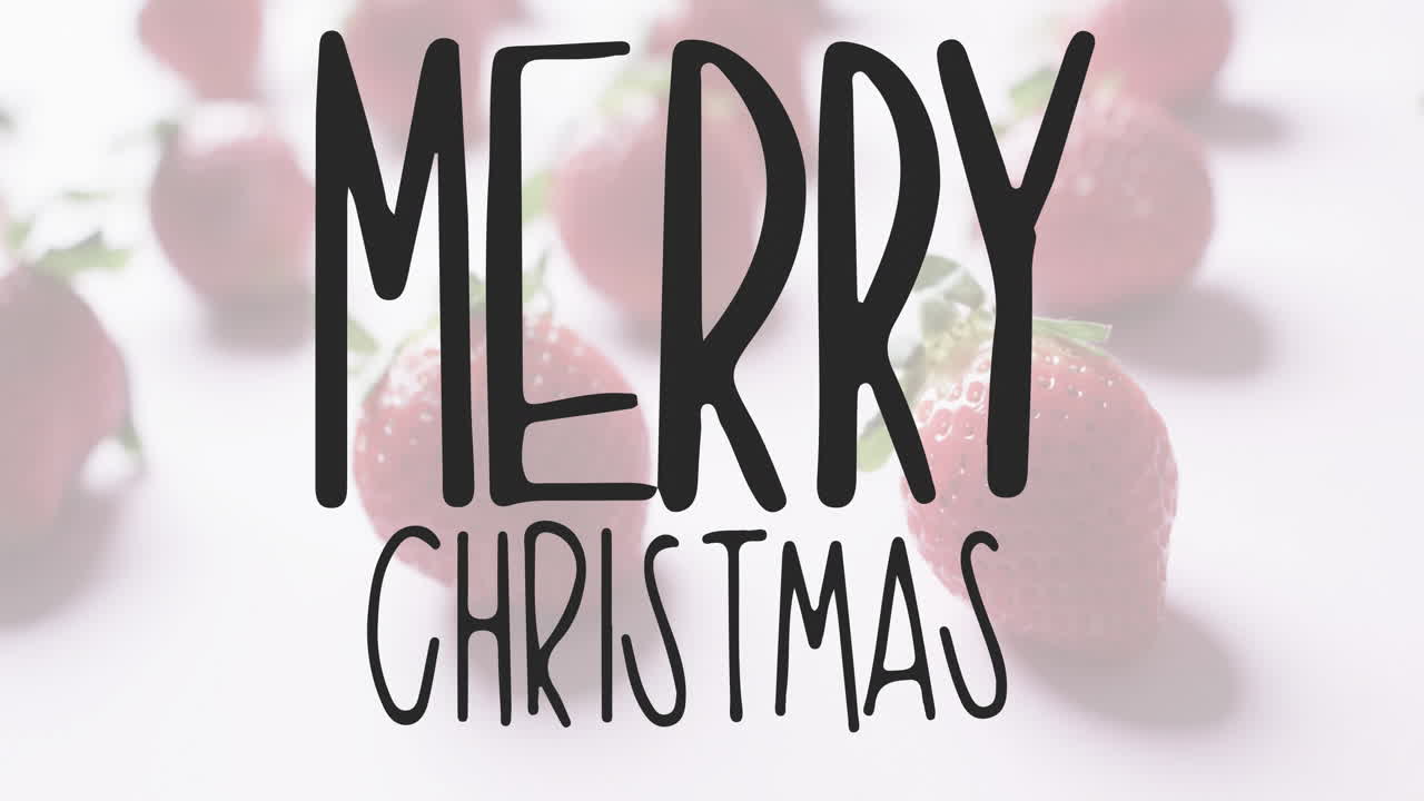 Christmas animation with Merry Christmas text over blurred strawberries background