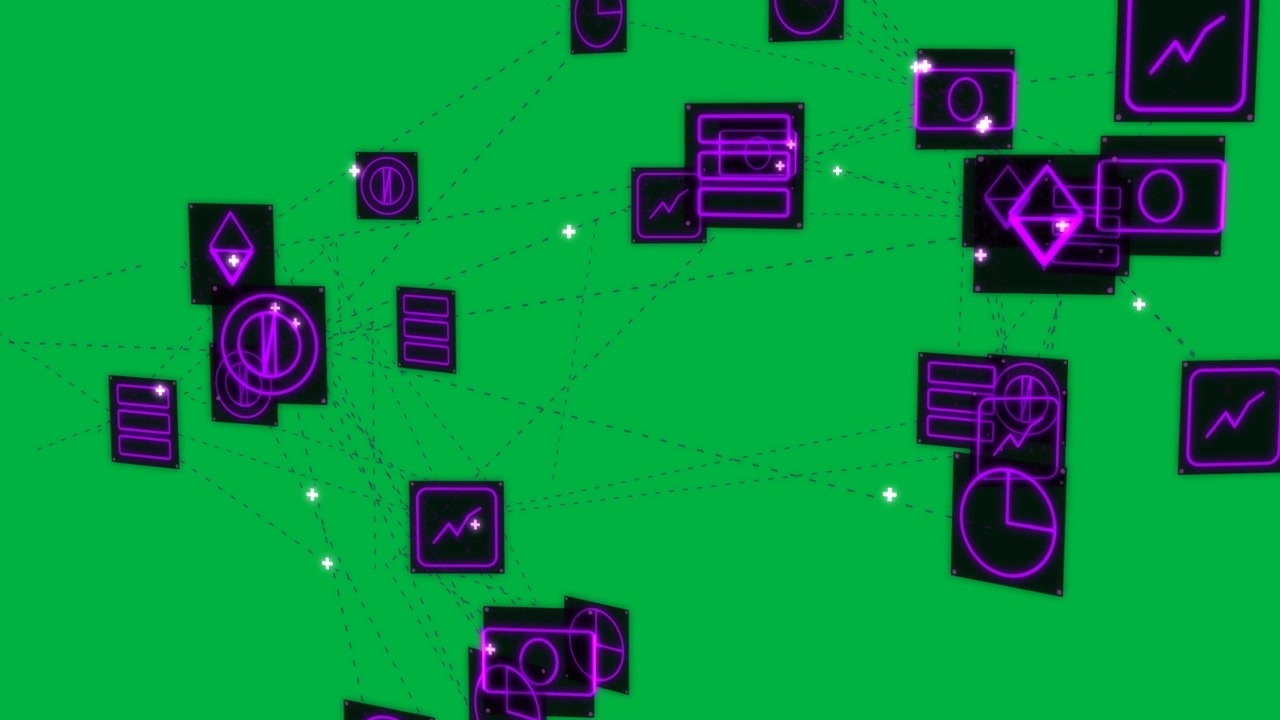 Neon-Netzwerk beginnt mit Punktimpuls, sich verschiebende Links und pulsierende Symbole zeigen Daten transparent.