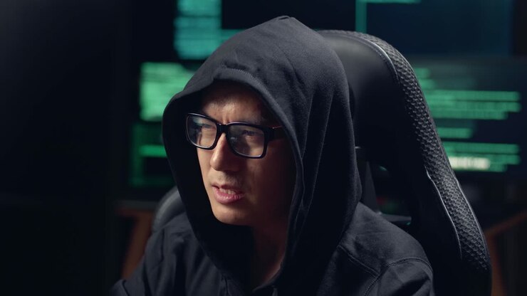 Hacker asiatico deluso che usa il computer per hackerare