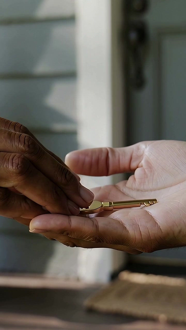 Vertical video: Holding darker hand bringing gold key into lighter hand at front porch for access