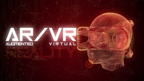 high quality vfx graphics animation depicting emerging technology in the virtual reality augumented reality space, with spinning head with vr goggles, abstract plexus design, in orange color scheme
