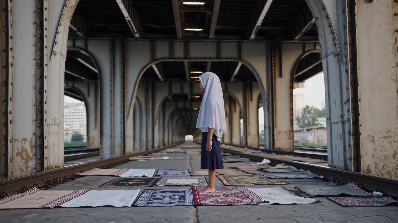 En person i tradisjonell drakt står på mønstrede tepper, omgitt av industriarkitektur, og viser et øyeblikk av refleksjon og ro i en unik, urban setting
