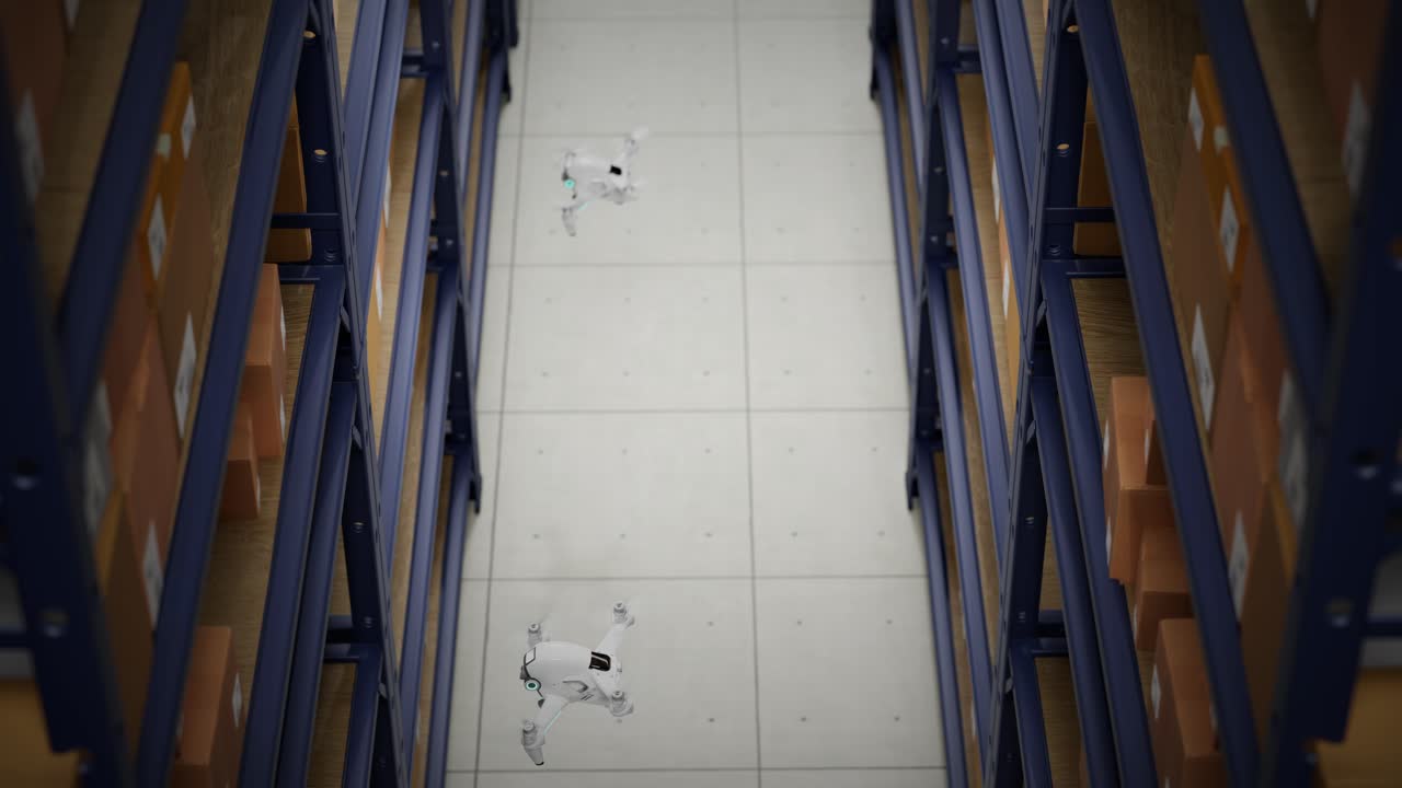 창고 드론 스캐닝 qr 코드는 금속 선반에 카드보드 상자에 완전히 자동 무인 화물 분배 시스템, 컴퓨터 조정 효율적인 물류 과정.