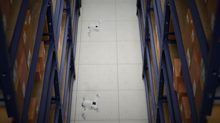 Animação Com Drone de Armazém Escaneando Códigos QR Nas Caixas de Papelão Em Uma Prateleira de Metal. Sistema Totalmente Automático e Não Tripulado de Distribuição de Cargas. Processo Logístico Eficiente Coordenado por Computador