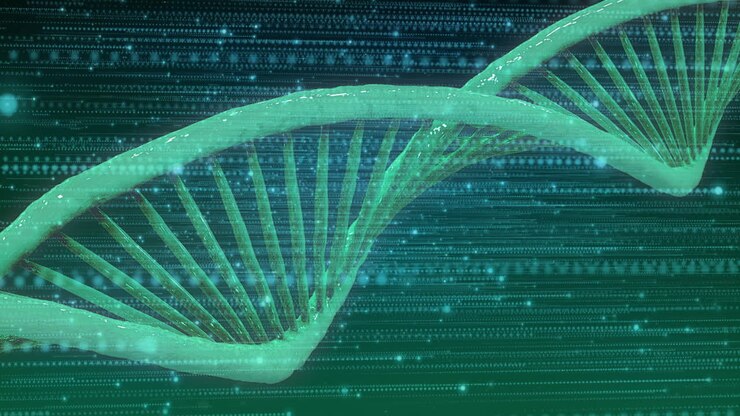 Animation of dna strand over data processing on green background