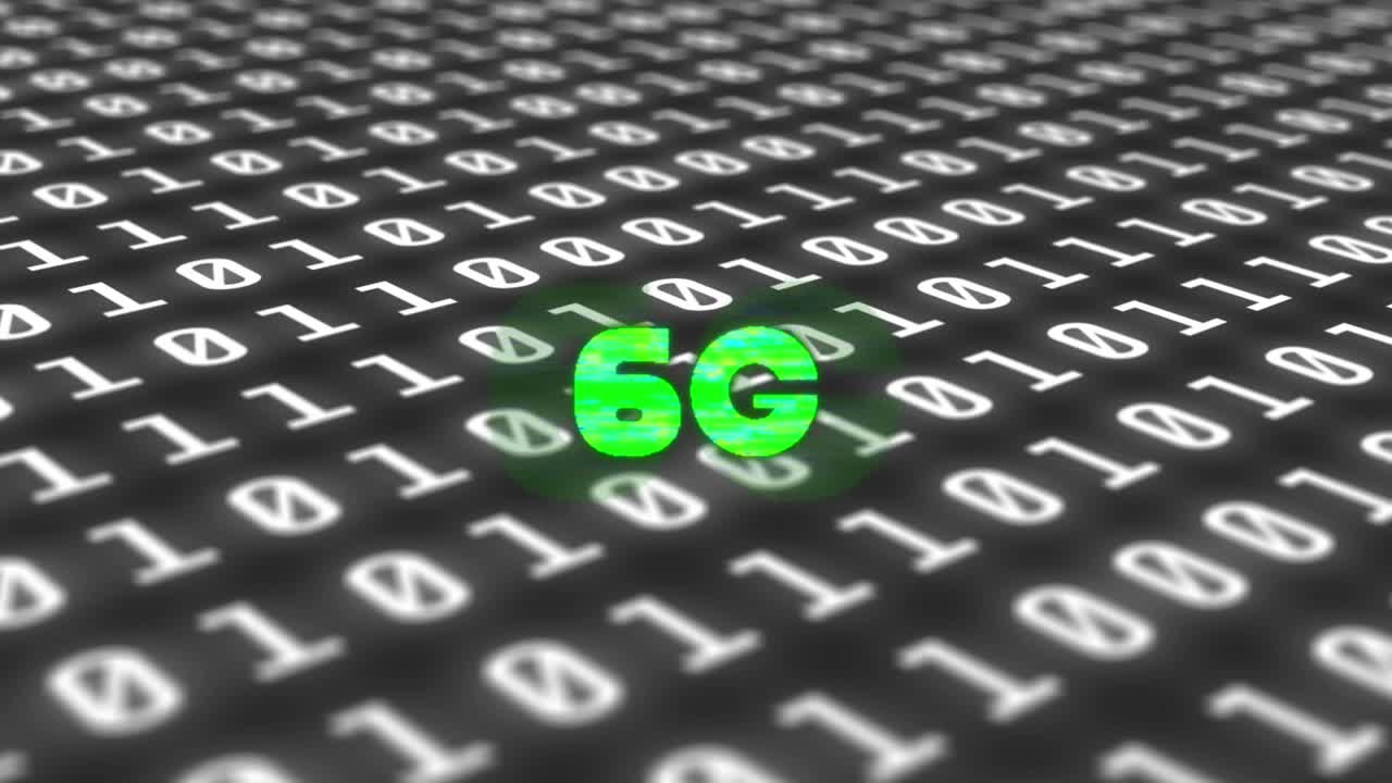 animación de texto de 6g en verde sobre codificación binaria