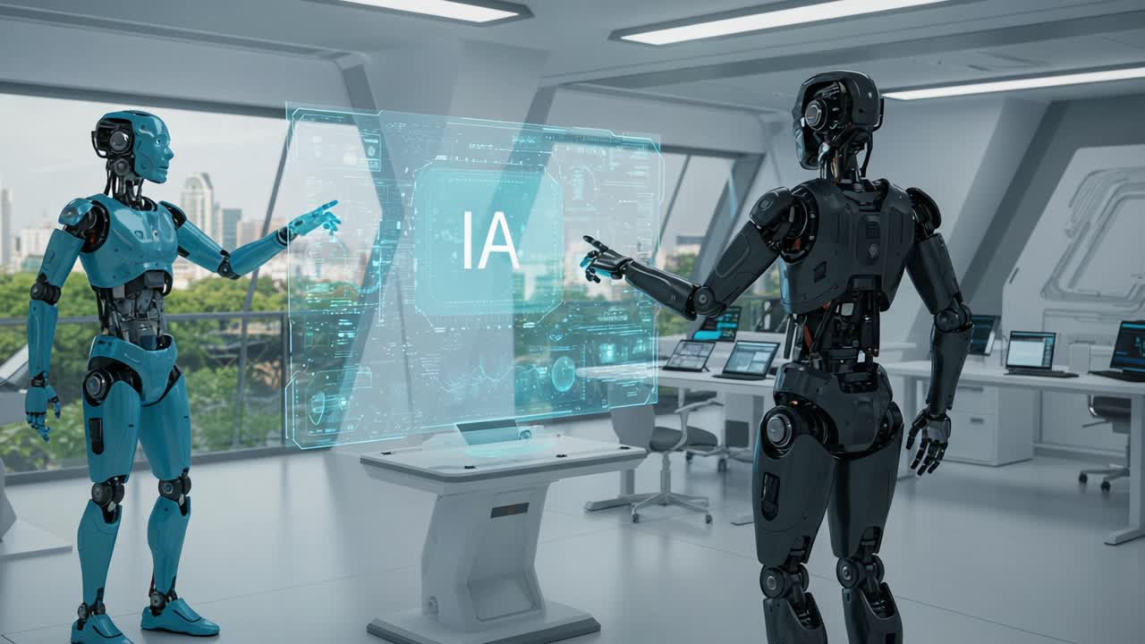 Two Advanced Robots Engaging with a Holographic Interface in a Futuristic Office Setting, Discussing Artificial Intelligence and Data Insights