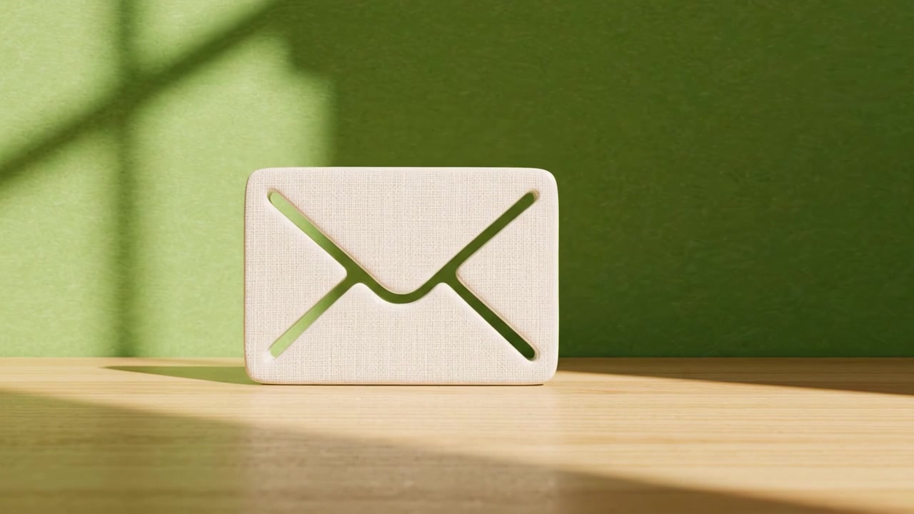 Icona di Busta Stilizzata su una Superficie di Legno, Circondata da uno Sfondo Verde e Illuminazione Soffusa, che Evoca Temi di Comunicazione e Connettività nel Design