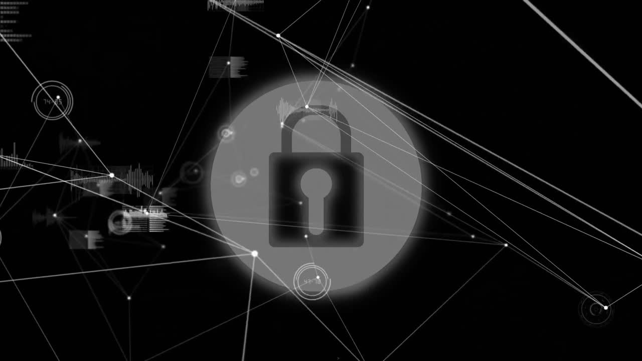 Digital animation of network of connections over security padlock icon on black background