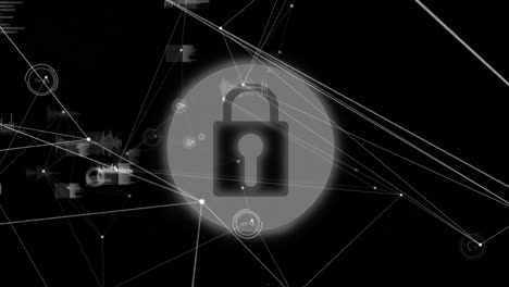 animación digital de la red de conexiones a través del icono de candado de seguridad sobre fondo negro