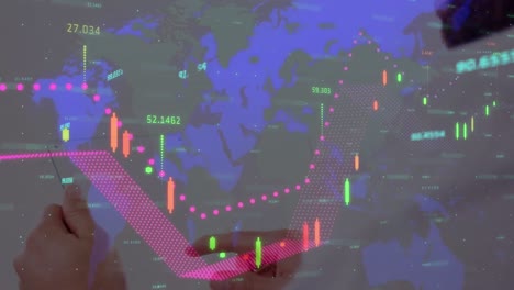 Animación-De-Datos-Financieros-Y-Gráficos-Sobre-Manos-De-Una-Mujer-Caucásica-Usando-Una-Tableta