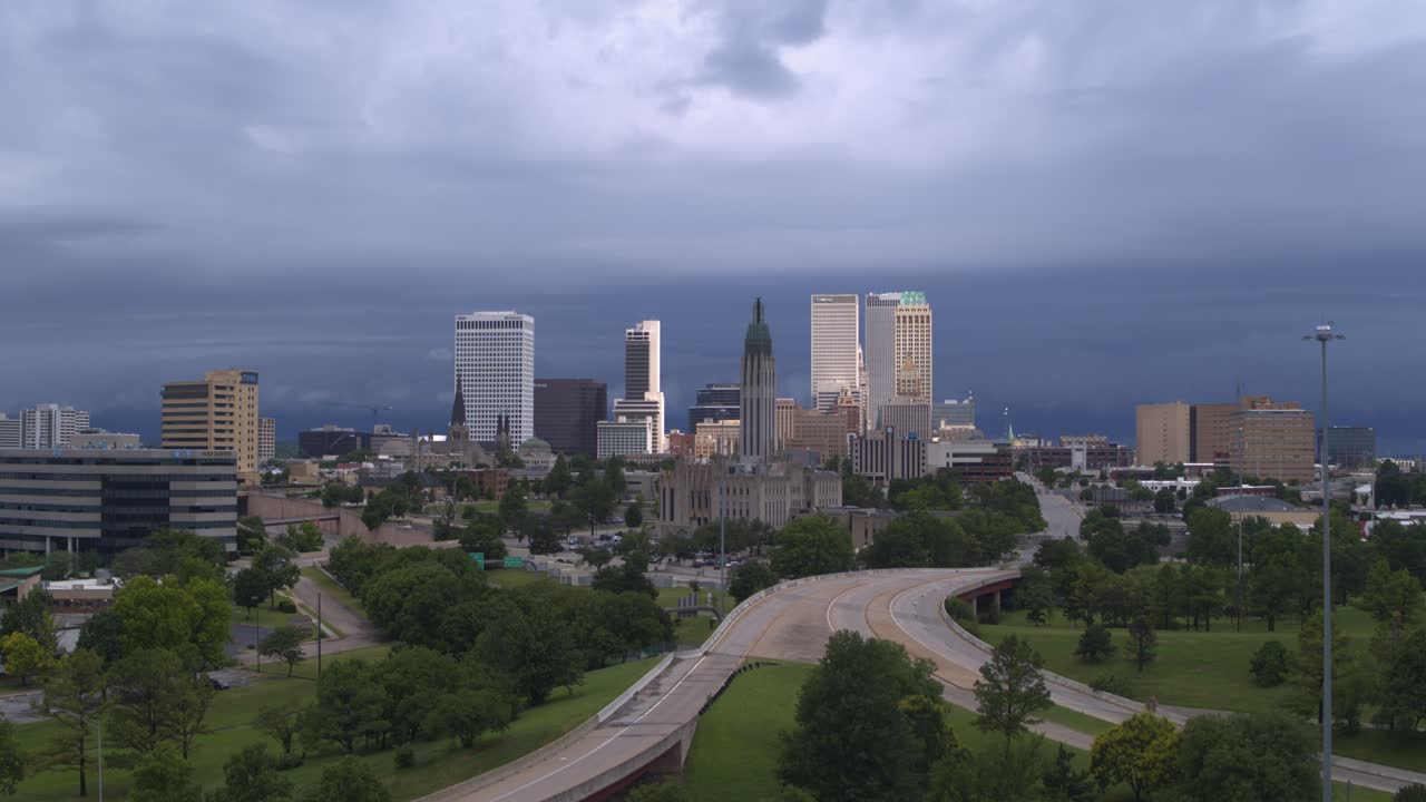 Ascending drone reveal of downtown Tulsa, Oklahoma