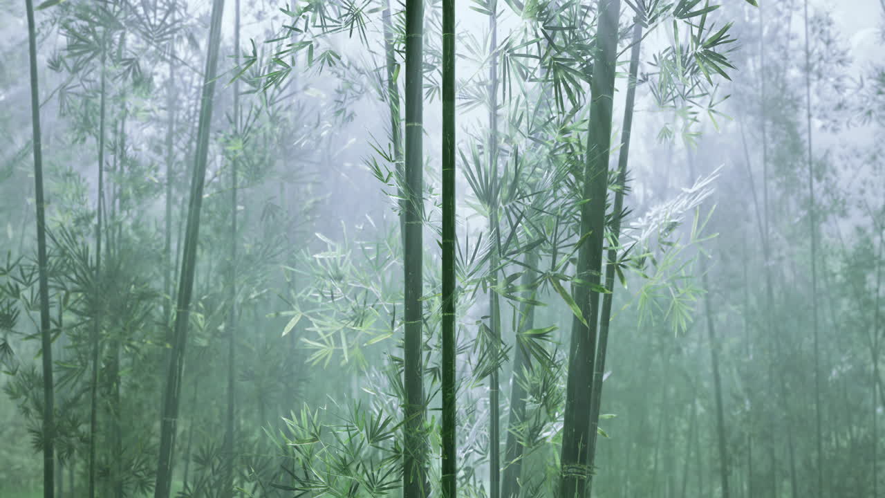 Lush bamboo forest covered in morning mist creates a serene atmosphere