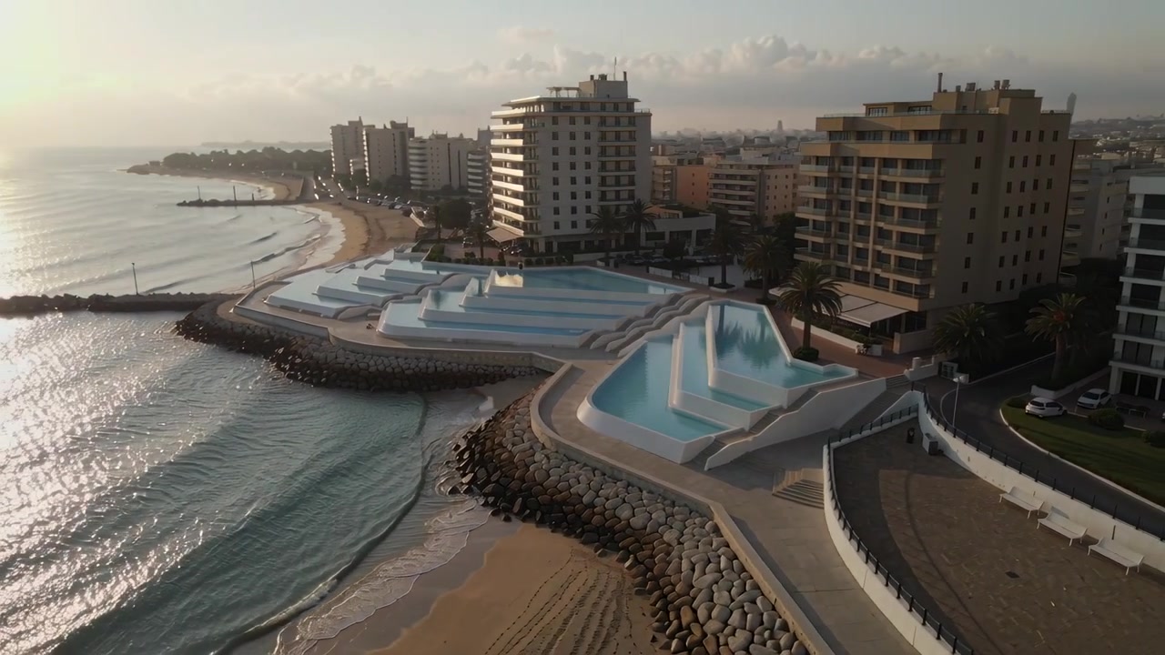Drone che avanza rivelando piscine bianche a terrazza sul lungomare, catturando i riflessi del sole