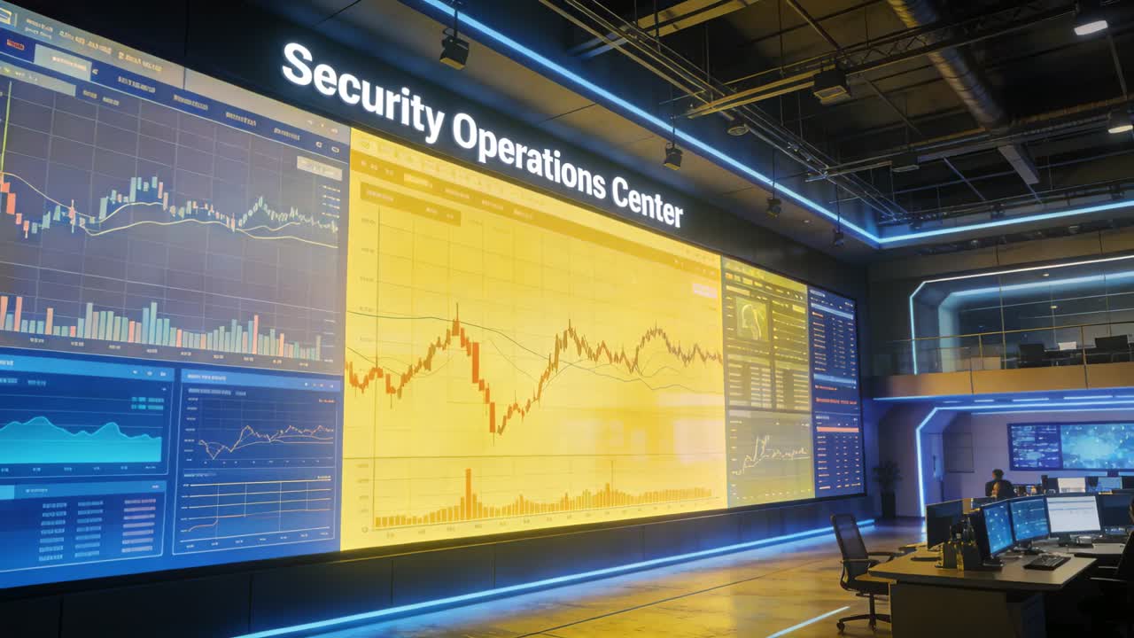 Parete espositiva animata che mostra un grafico giallo dopo un aggiornamento in tempo reale al Centro di Sicurezza, allertando il personale.