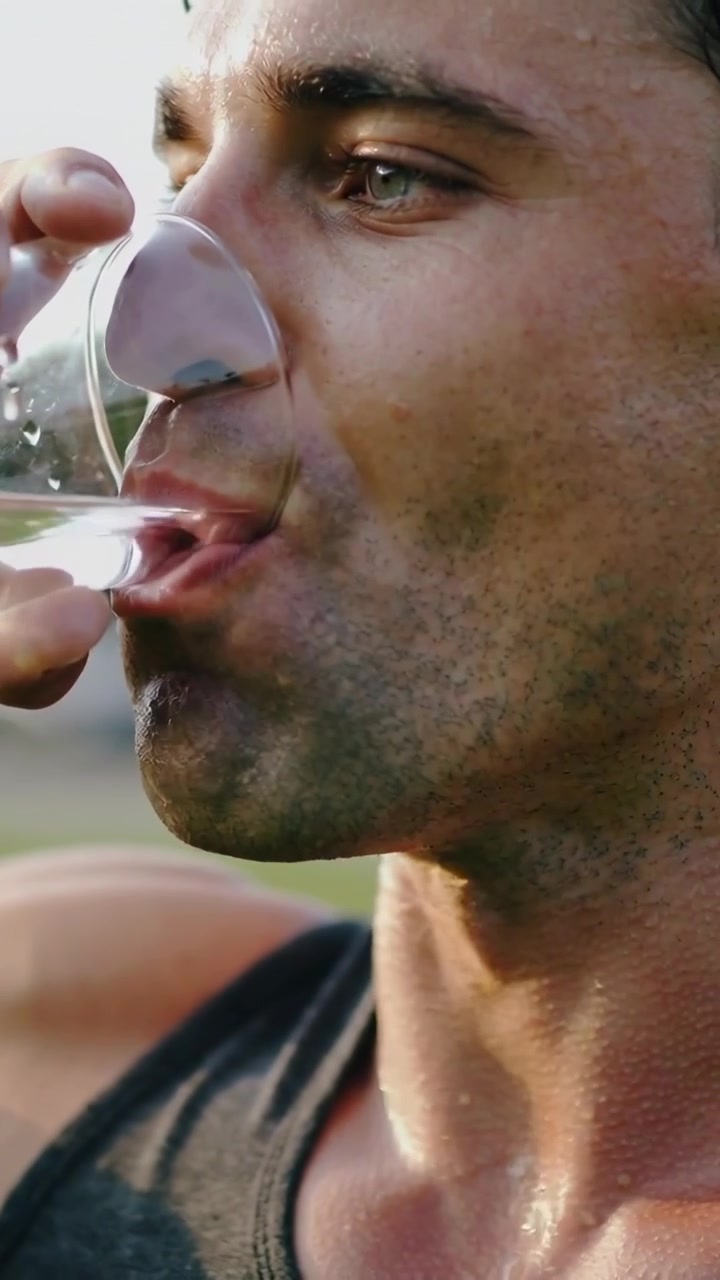 Vertikales Video: Trinkender Mann im Tanktop führt Glas im Park zu den Lippen, Durst löschend vor Hitze.
