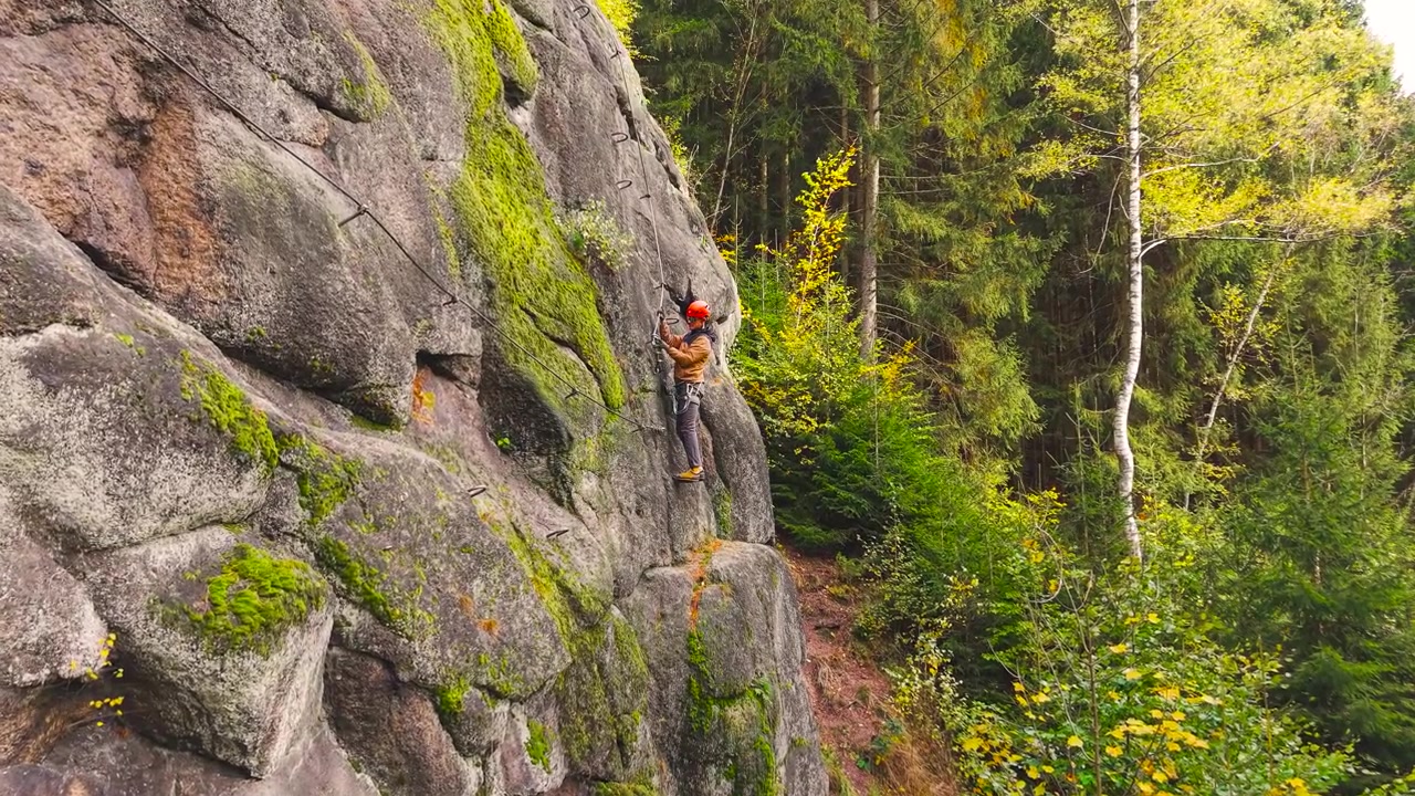 Alone rock climber on steep mountain wall among evergreen forest, Czechia