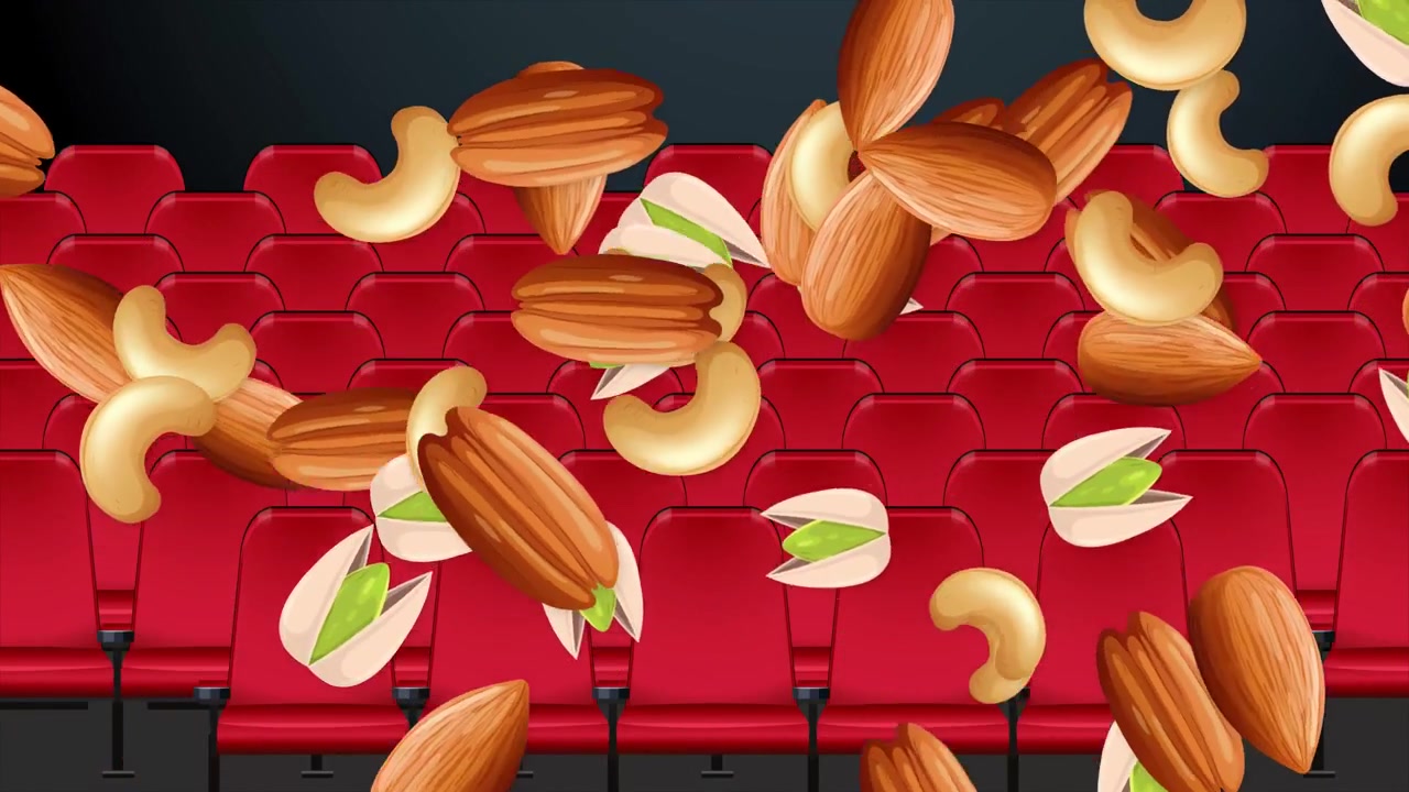 Animated almonds, cashews, and pistachios fall across a background of red movie theater seats.