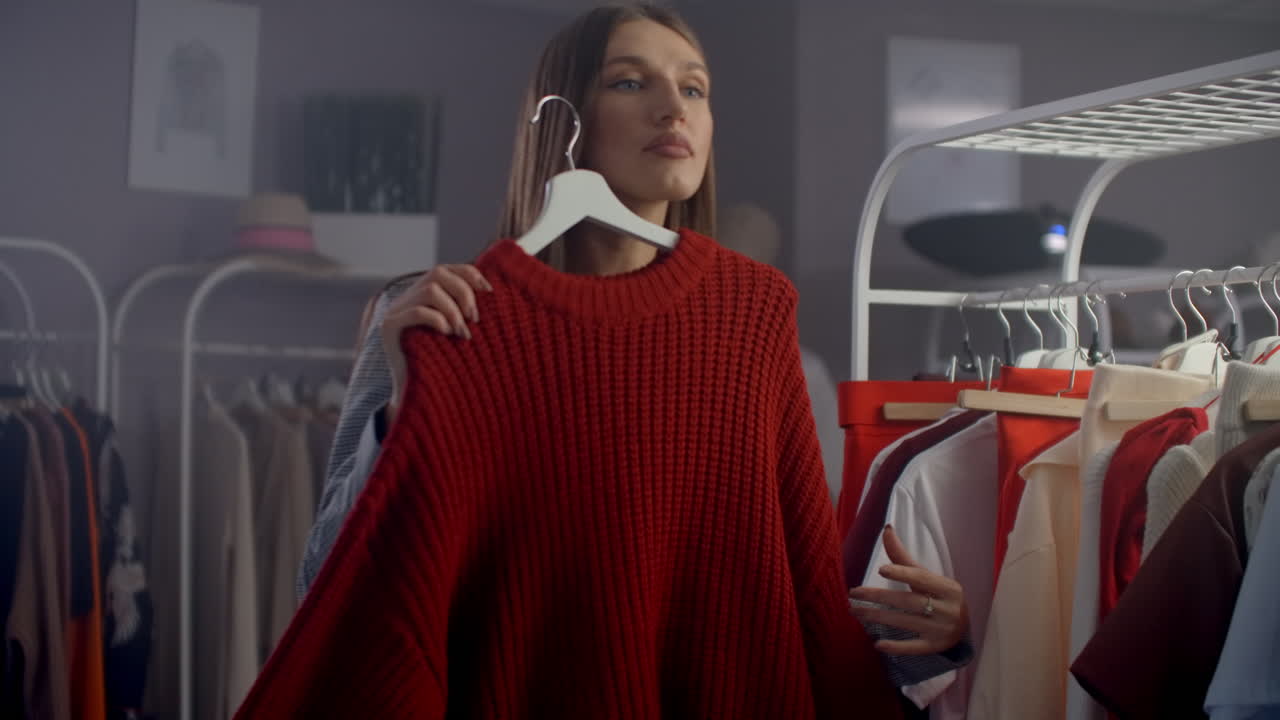 아름다운 여자가 브랜드 의류 쇼에서 옷을 선택합니다.