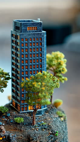 miniature skyscraper surrounded by trees and greenery at indoor display