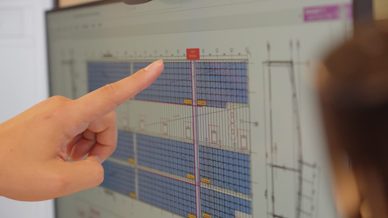 Slow revealing shot of technical electrical drawings being shown to a client