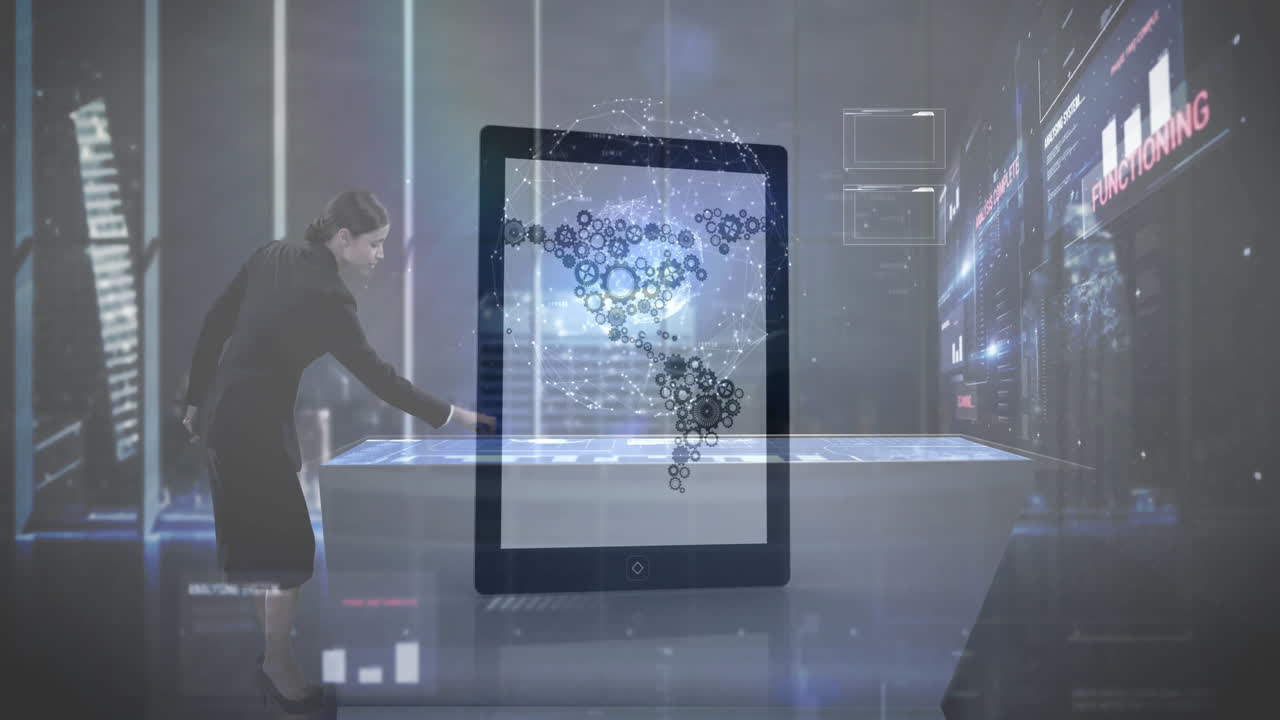 Digital gears and world map animation over futuristic office setting with people