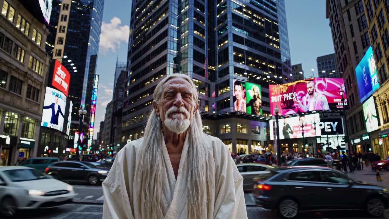 Elderly man with long white hair stands confidently in bustling city intersection, illuminated by vibrant billboards, showcasing urban life and movement