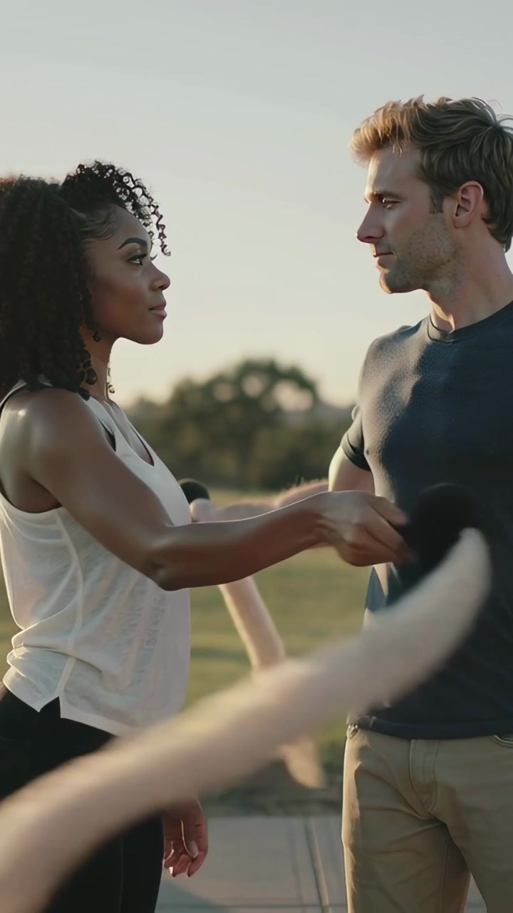 Vídeo vertical: Mulher de regata orientando homem que levanta peso no parque enquanto ele apoia o braço para o exercício
