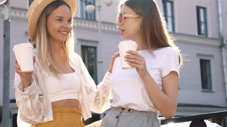 Two friends enjoying coffee outdoors