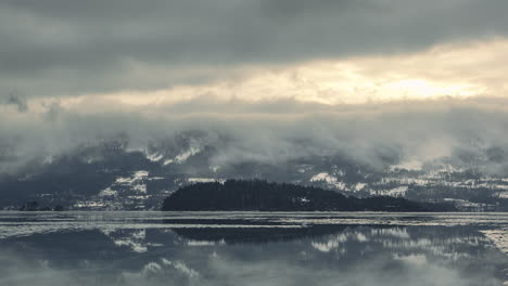 Foggy-Scenery-Of-Hill-And-Lakeside-In-Vik-Norway---timelapse