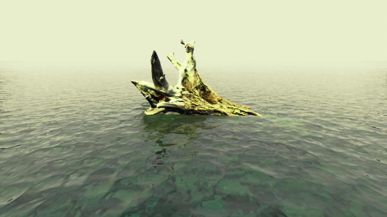 Mysterious rock formation emerges from calm waters in misty atmosphere